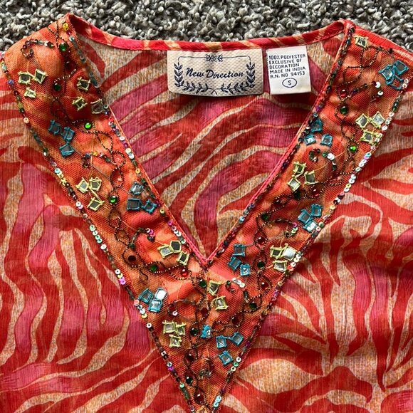 Vintage New Direction Orange Zebra Print Wmn SM Beaded Top Festival Boho Safari - Picture 2 of 8